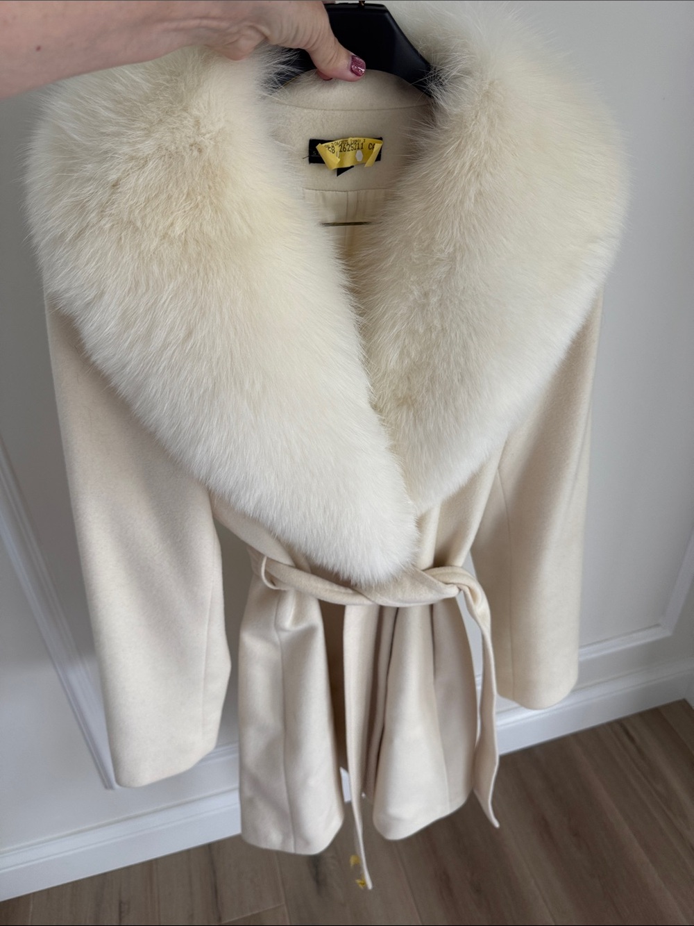 Sofia Cashmere Cream Fur-Collar Wrap Trench Coat